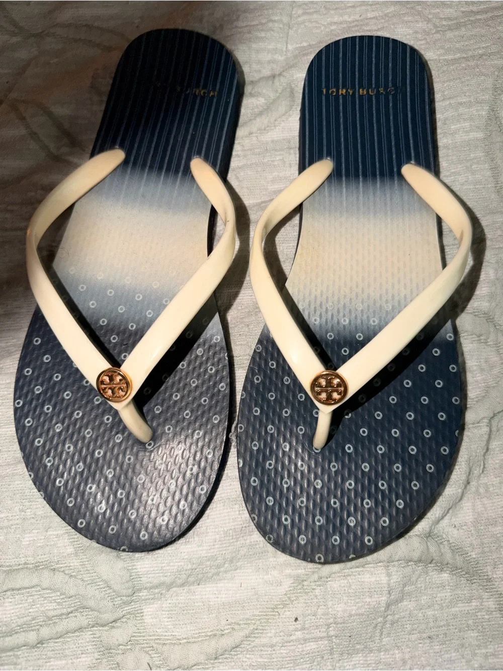 Tory Burch Navy-to-Cream Ombre Logo Flip Sandals